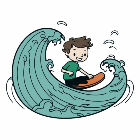 Boy on surfboard in the waves of a cartoon character.