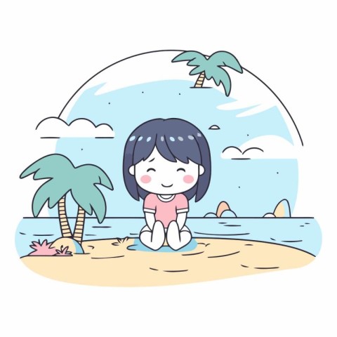 Cute little girl on the beach in flat style.