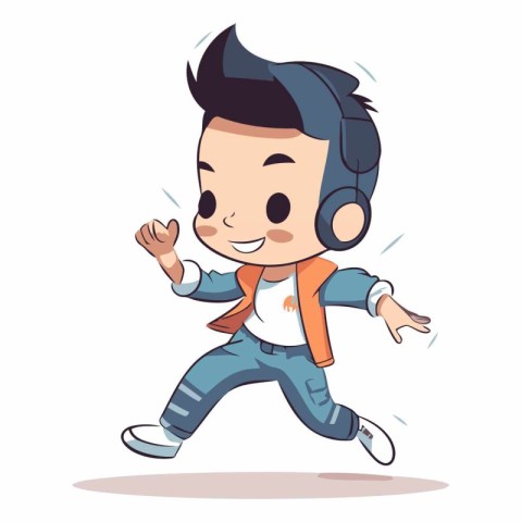 Cute boy in headphones dancing and listening to music.