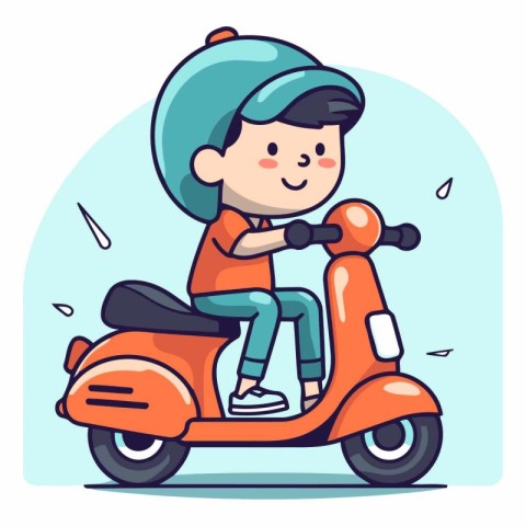 Cute boy riding scooter in cartoon style.