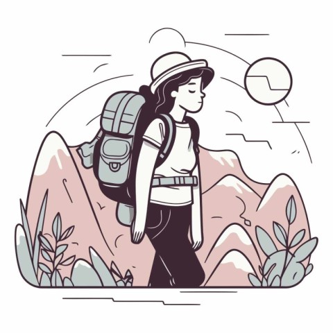 Hiking woman with backpack in thin line style.