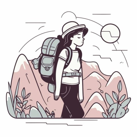 Hiking woman with backpack in thin line style.