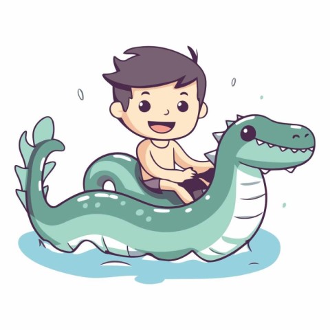 Cute cartoon boy swimming in a big snake.