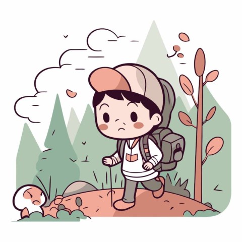 Boy with backpack hiking in the forest in cartoon style.