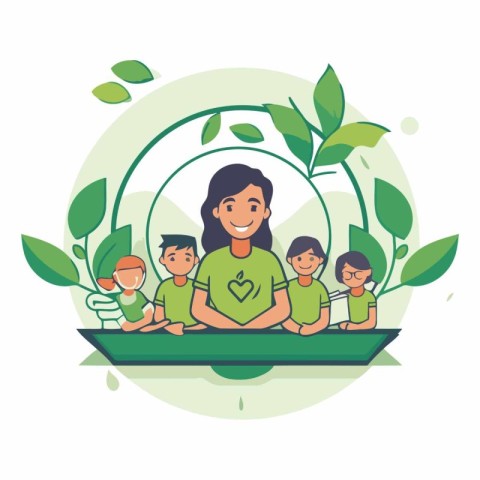 Vector illustration of happy mother with children. Family and na