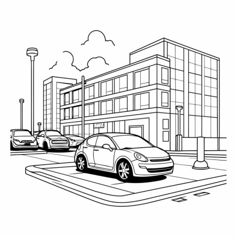 car on city street with buildings and cars over white background