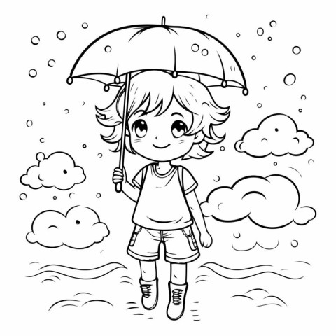 Coloring book for children: little girl with umbrella in the rai