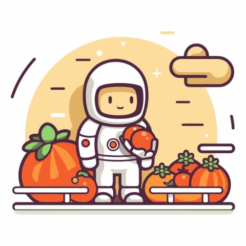 Cute astronaut with pumpkins. flat style.