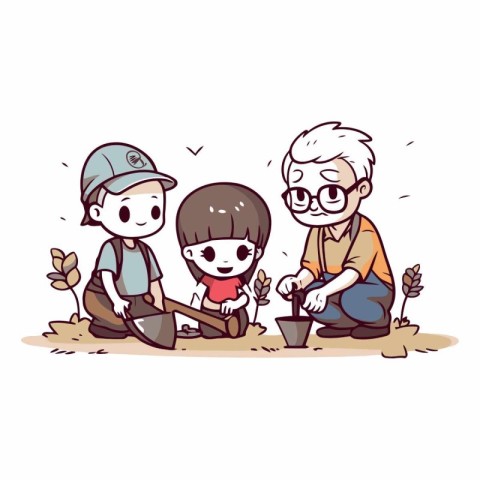 Grandfather and grandson planting seedling together on white bac