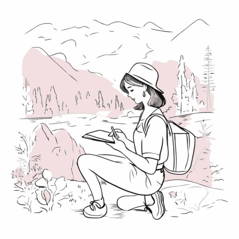 Girl with a backpack and a map in the mountains