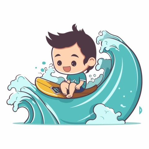 cute little boy surfing in the sea cartoon vector illustration g