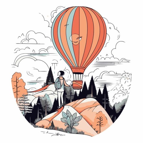 Hand drawn vector illustration of a man and hot air balloon in t