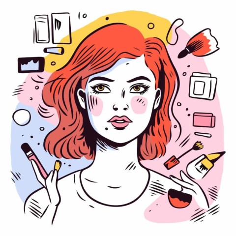 Vector illustration of a woman with red hair. make-up.