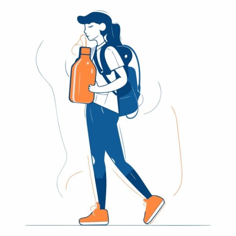 Vector illustration of a young man with a backpack and a bottle