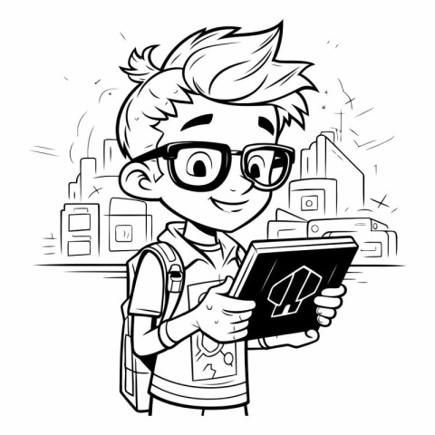 Black and White Cartoon Illustration of Teenage Boy with Smartph