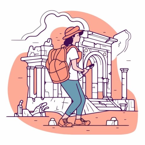 Tourist with backpack and map in flat style.