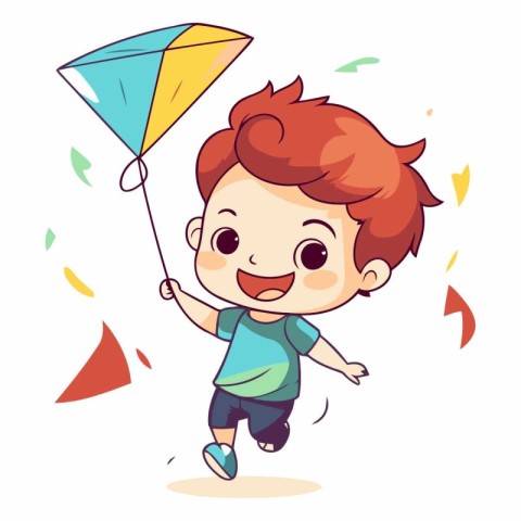 Cute little boy flying a kite in cartoon style.