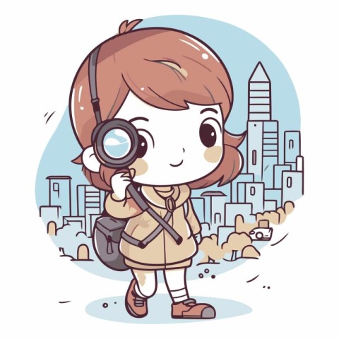 Illustration of a Cute Little Girl Traveling to the City
