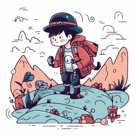 Vector illustration of a boy hiking in the mountains. Cartoon st