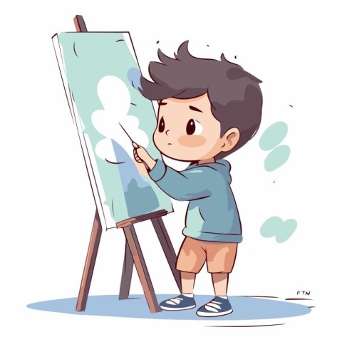 Cute little boy drawing a picture on easel