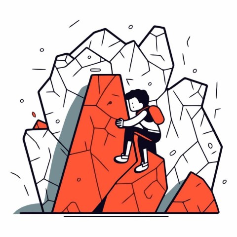 Vector illustration of a man climbing up the mountain. Flat line