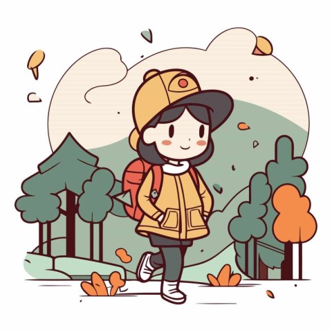 Cute little girl walking in the autumn forest.