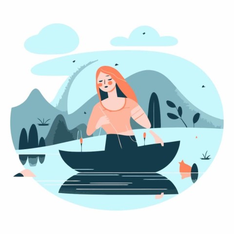 Woman rowing a boat in the lake in flat style