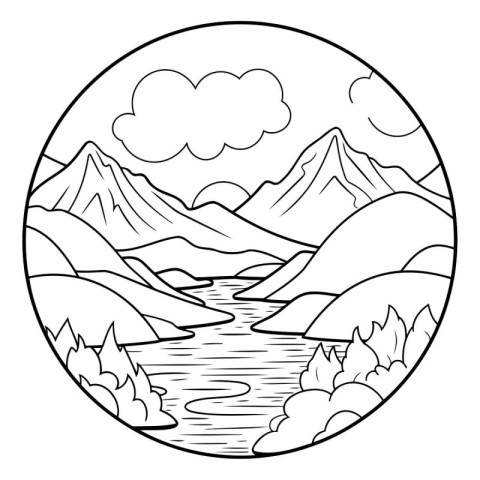 Mountains and river icon. Outline illustration of mountains and