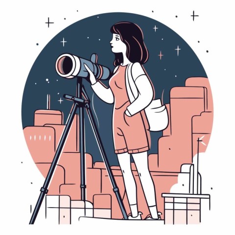 Girl with a telescope in the city in flat style