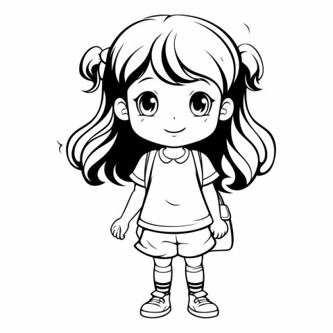 Cute little girl cartoon in black and white.