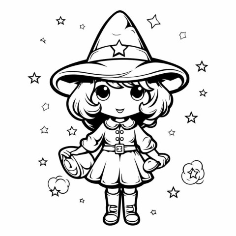 Black and White Cartoon Illustration of Cute Witch Girl Characte