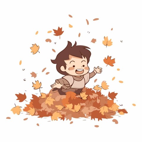 Little boy playing with autumn leaves on white background.