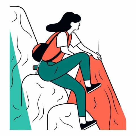 Young woman climbing on a cliff in flat style.