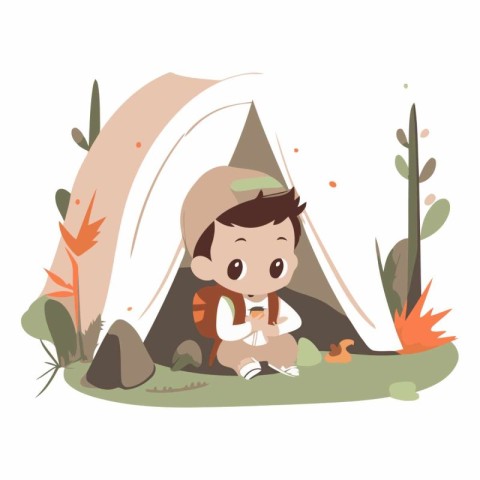 Cute little explorer sitting in front of his tent