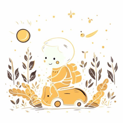 Cute boy riding a car on wheat field.