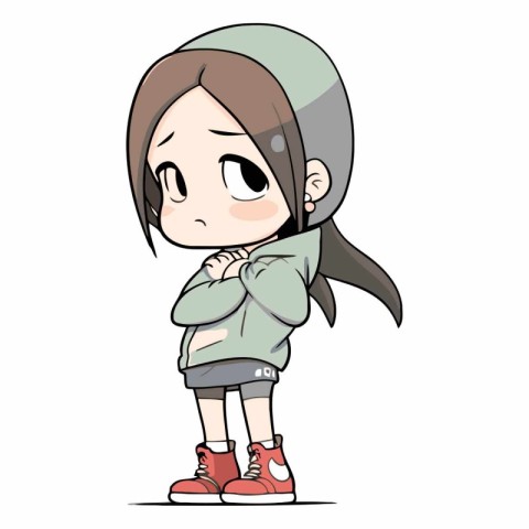 A girl in a hoodie and cap is thinking.