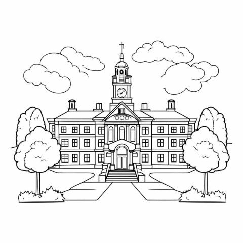 School building and trees cartoons in black and white vector ill