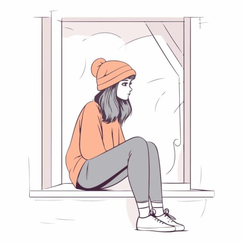 Sad girl sitting on the windowsill in sketch style.