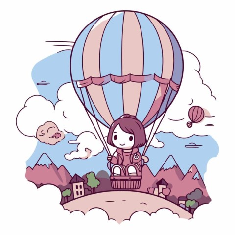 cute little girl flying hot air balloon cartoon vector illustrat