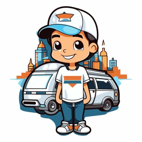 Vector illustration of a boy in a cap with a car on the backgrou