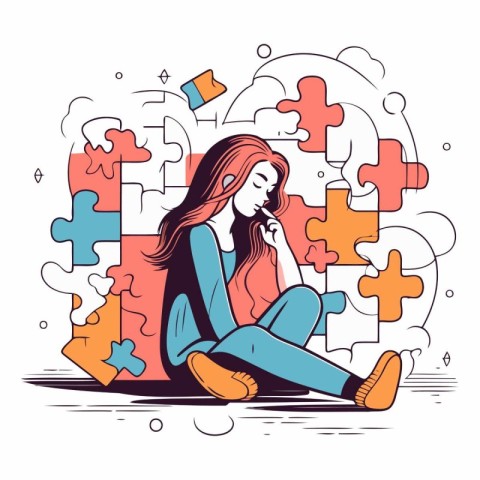 Illustration of a young sad woman sitting in front of a puzzle.