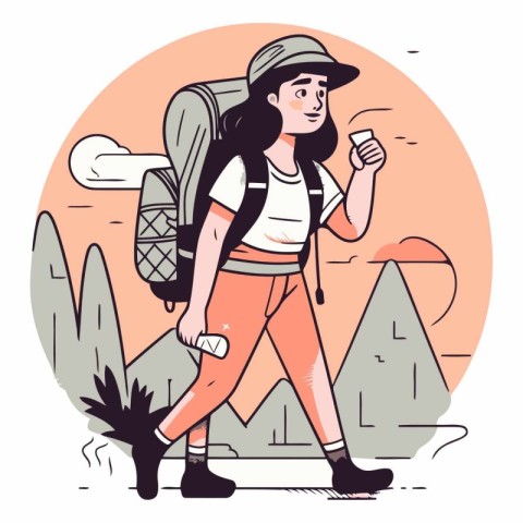 Tourist woman with backpack and map of hiker