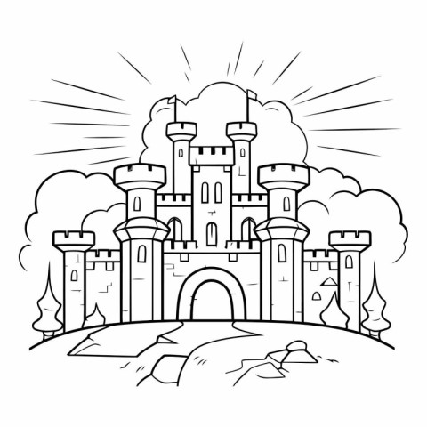 Castle. Black and white vector illustration for coloring book or