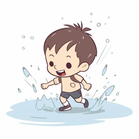 Cute little boy running in the rain. Vector cartoon illustration