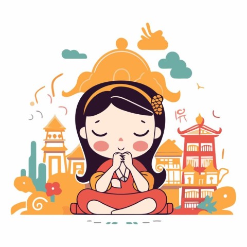 Cute cartoon chinese girl sitting in lotus position.