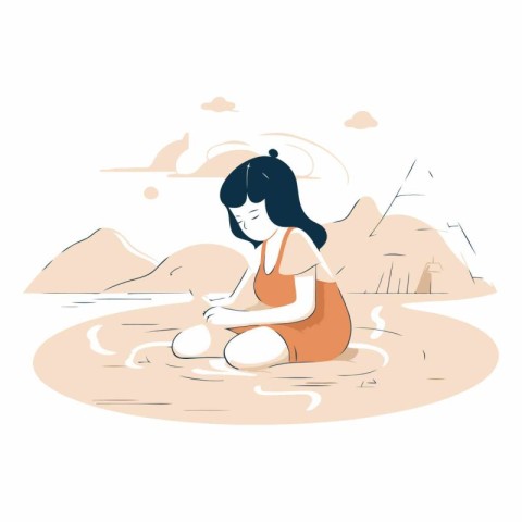 Girl sitting in the water in a flat style.