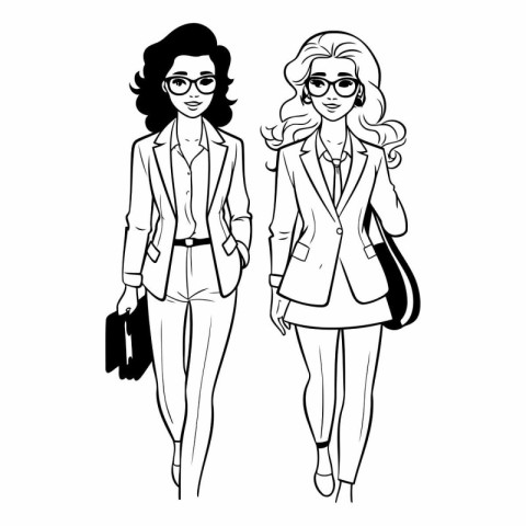 Vector illustration of two beautiful business women. Black and w