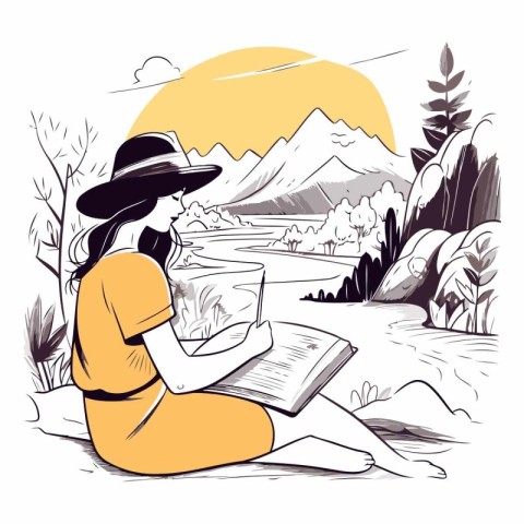 Vector illustration of a girl in a hat reading a book in the mou