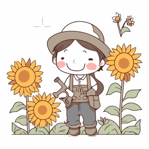 Illustration of a Kid Boy Wearing a Cowboy Hat with Sunflowers