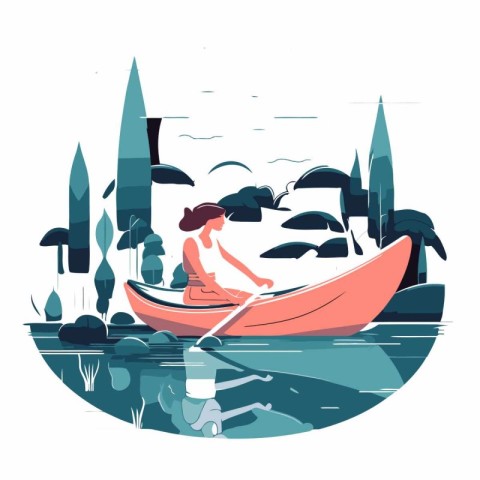 Woman in a canoe on the lake in flat style